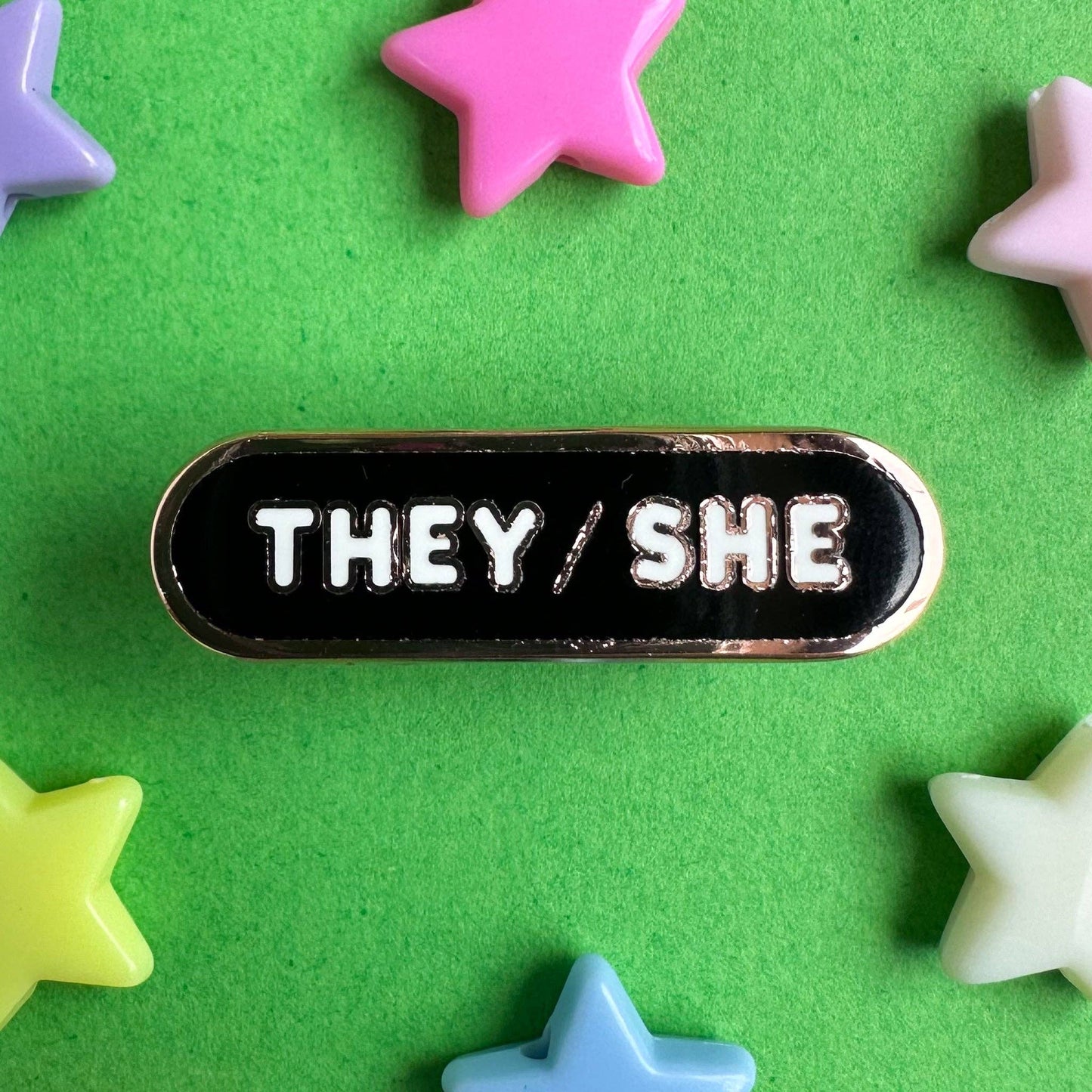 They/She Pronoun Plaque Enamel Pin