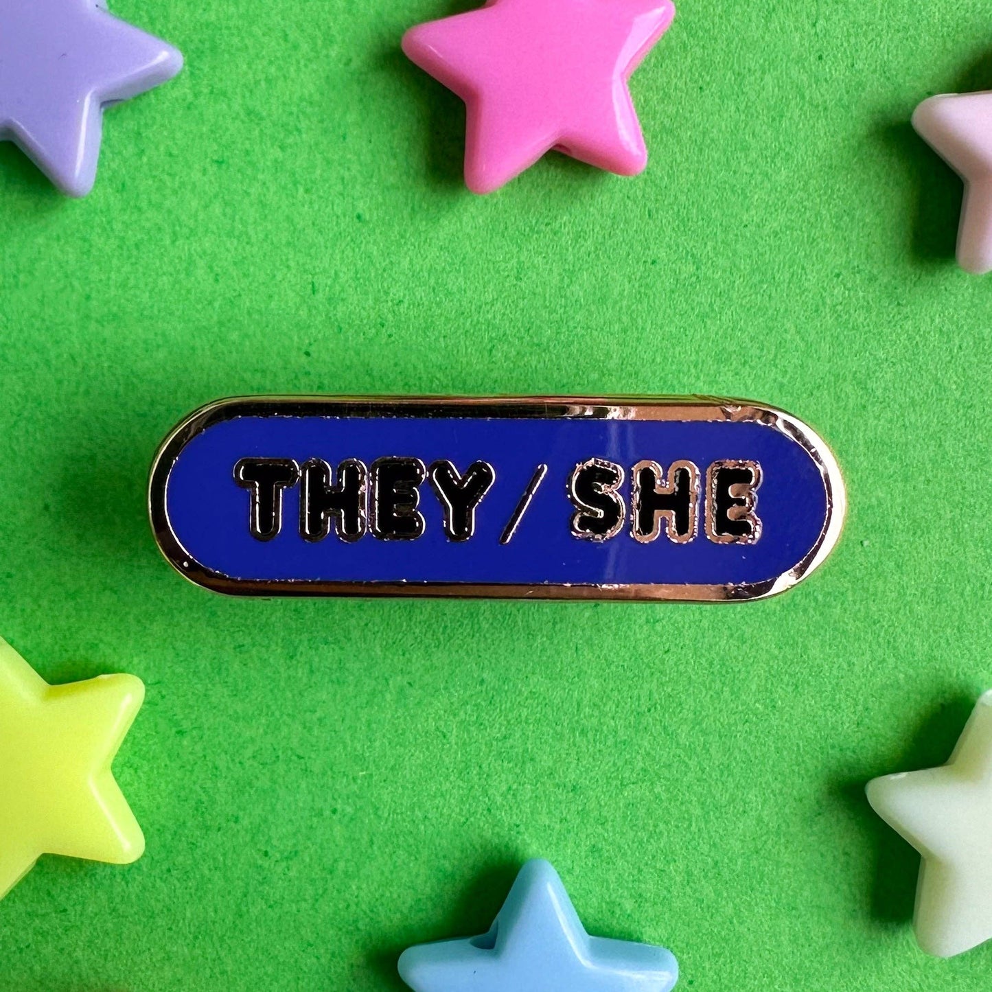 They/She Pronoun Plaque Enamel Pin