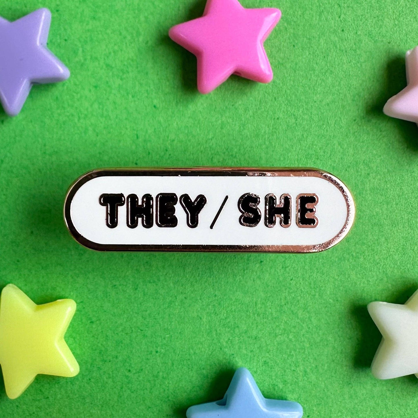 They/She Pronoun Plaque Enamel Pin