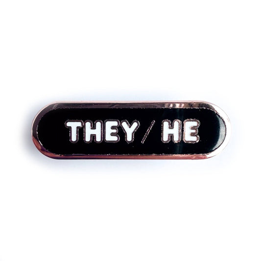 They/He Pronoun Plaque Enamel Pin - Undercover Otter - Pins - Kitty With A Cupcake - Black