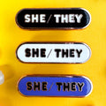 She/They Pronoun Plaque Enamel Pin - Undercover Otter - Pins - Kitty With A Cupcake - Black