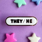 They/He Pronoun Plaque Enamel Pin - Undercover Otter - Pins - Kitty With A Cupcake - White