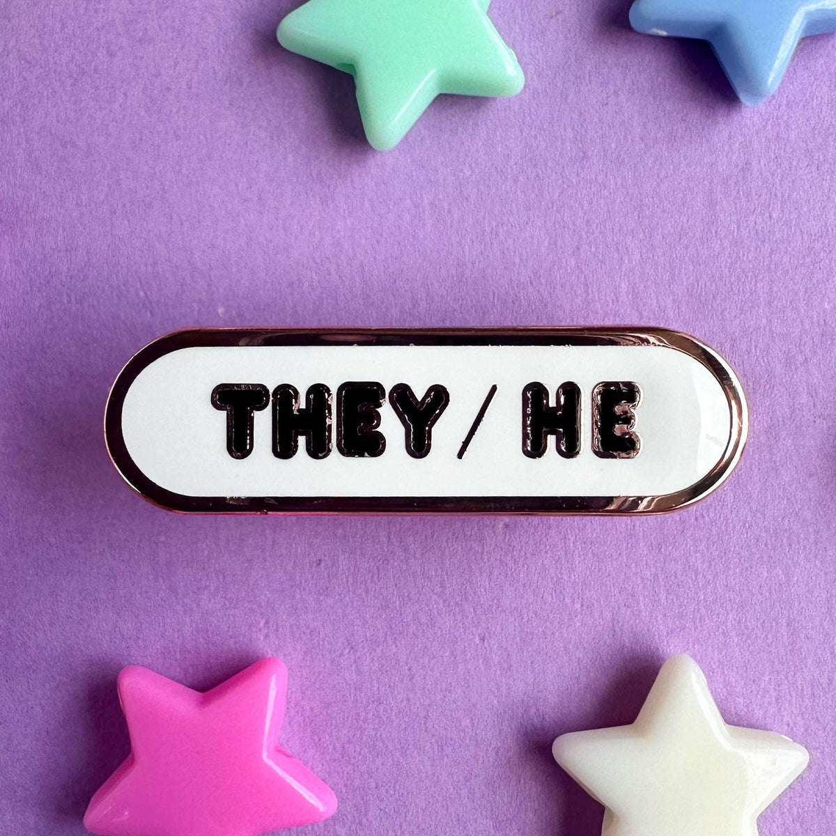 They/He Pronoun Plaque Enamel Pin - Undercover Otter - Pins - Kitty With A Cupcake - White