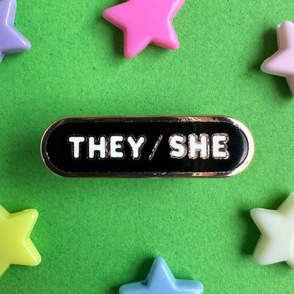 They/She Pronoun Plaque Enamel Pin