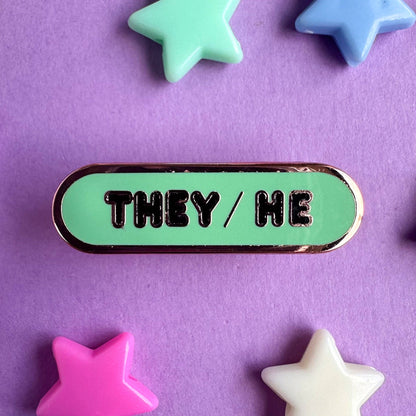 They/He Pronoun Plaque Enamel Pin