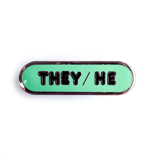 They/He Pronoun Plaque Enamel Pin - Undercover Otter - Pins - Kitty With A Cupcake - Green