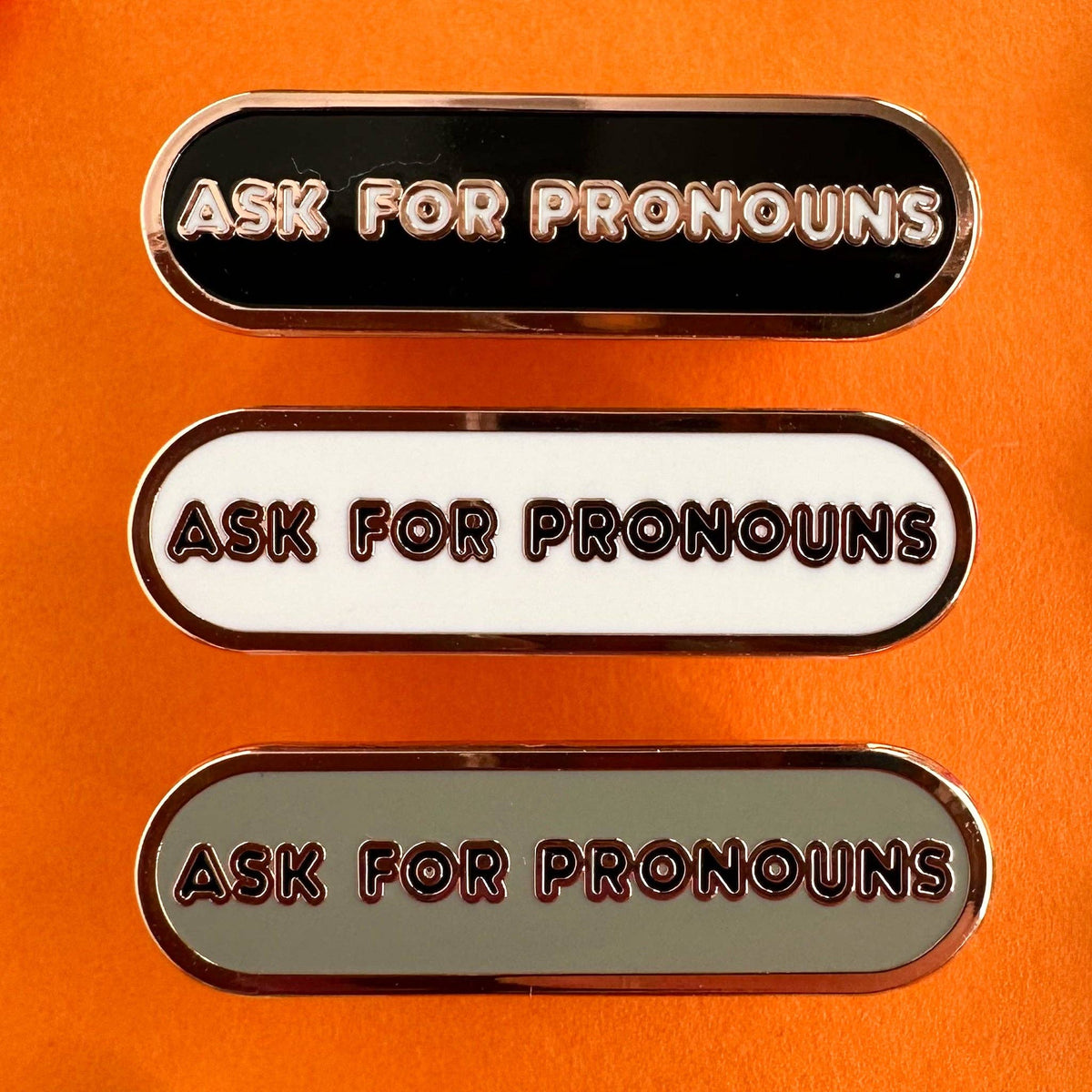 Ask for Pronouns Plaque Enamel Pin - Undercover Otter - Pins - Kitty With A Cupcake - Black