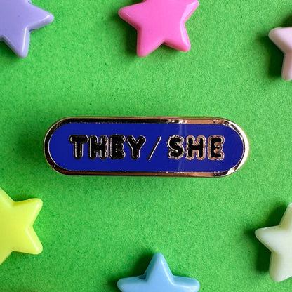 They/She Pronoun Plaque Enamel Pin