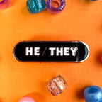 He/They Pronoun Plaque Enamel Pin - Undercover Otter - Pins - Kitty With A Cupcake - White