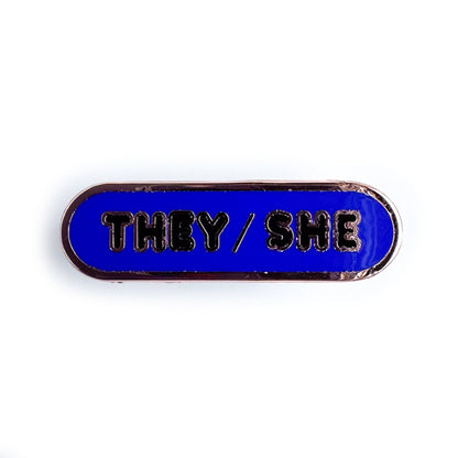 They/She Pronoun Plaque Enamel Pin