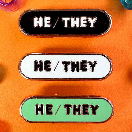 He/They Pronoun Plaque Enamel Pin