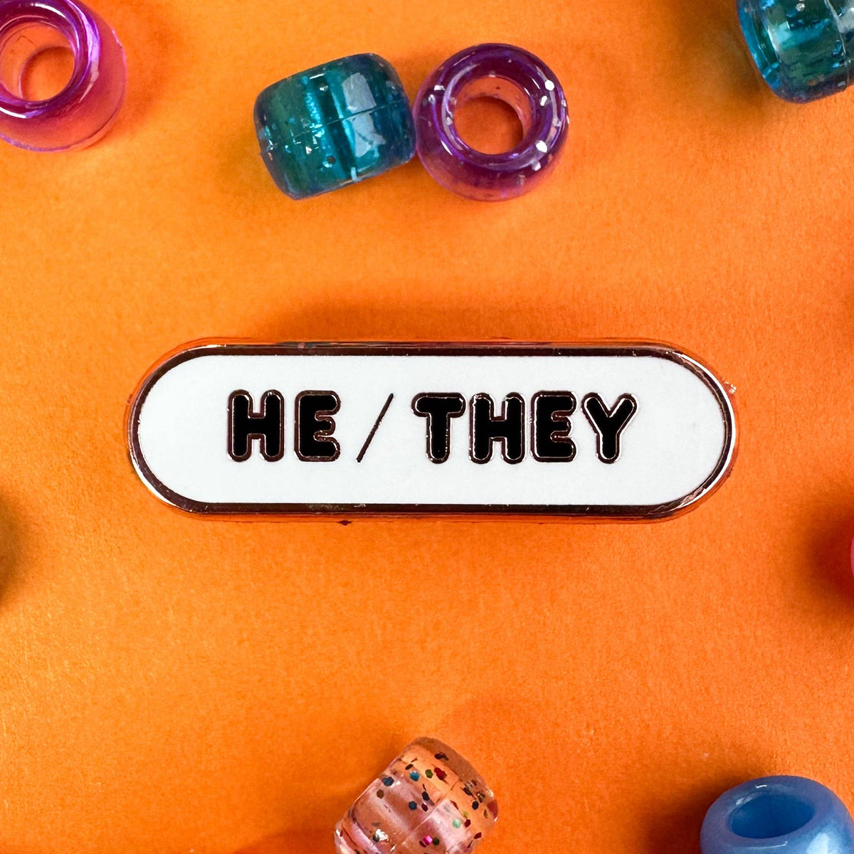 He/They Pronoun Plaque Enamel Pin - Undercover Otter - Pins - Kitty With A Cupcake - White