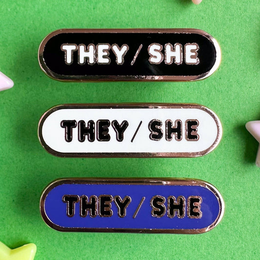 They/She Pronoun Plaque Enamel Pin