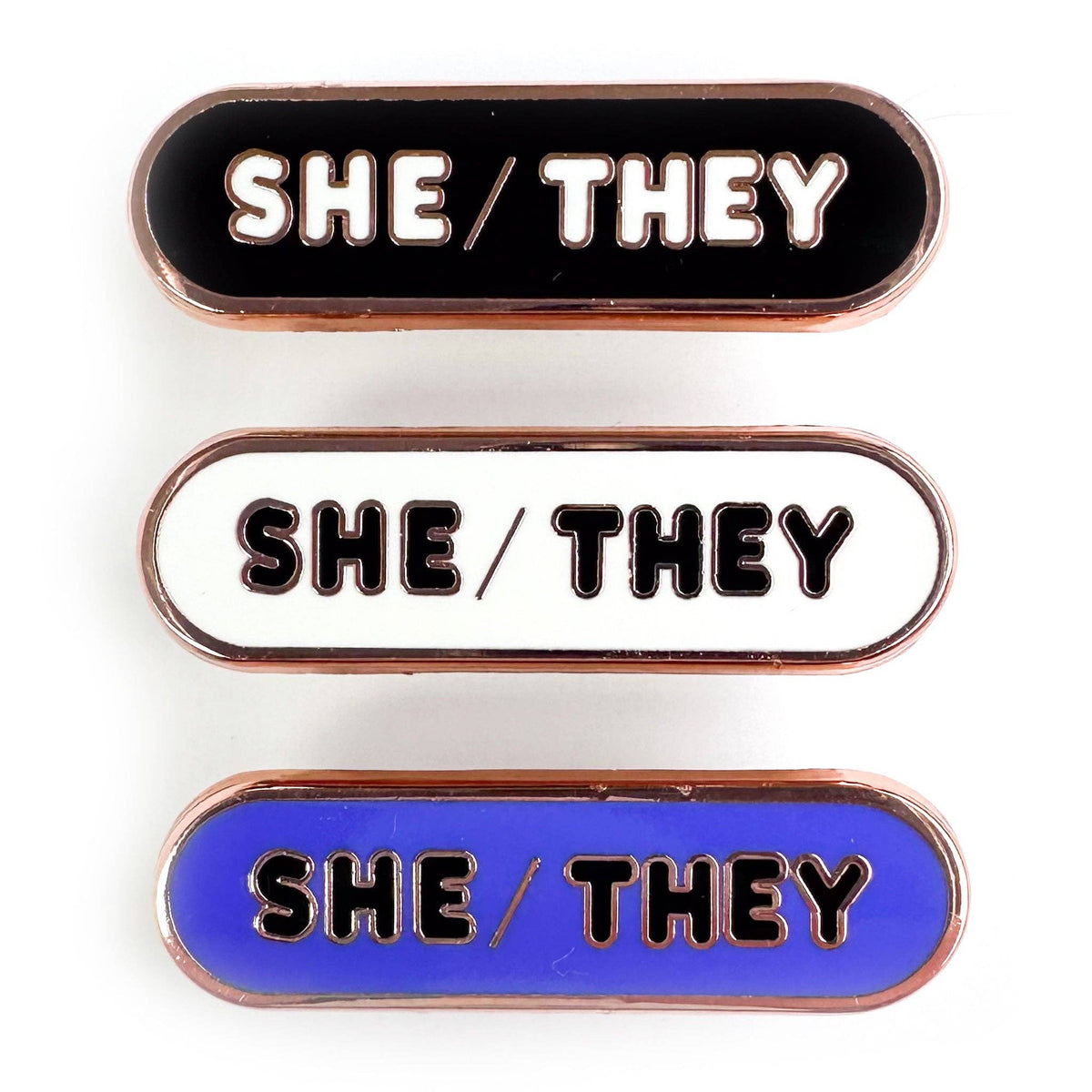 She/They Pronoun Plaque Enamel Pin - Undercover Otter - Pins - Kitty With A Cupcake - Black