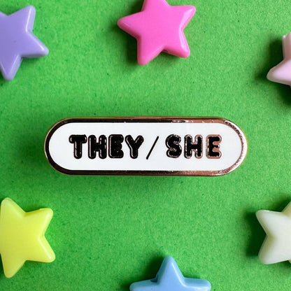 They/She Pronoun Plaque Enamel Pin