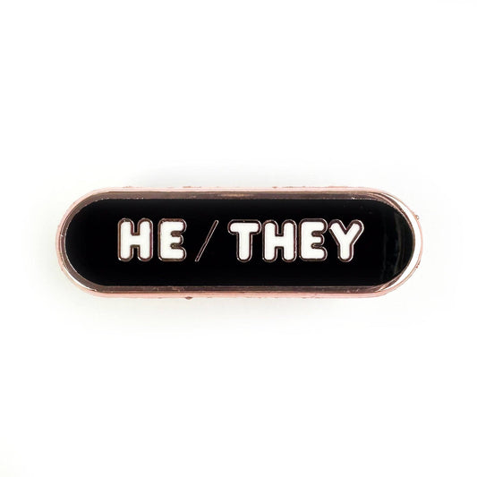 He/They Pronoun Plaque Enamel Pin - Undercover Otter - Pins - Kitty With A Cupcake - Black
